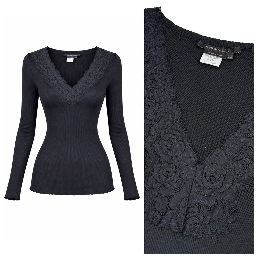 BCBG MaxAzria Silk Lace Top Womens M Black Ribbed Y2K Fitted Long Sleeve V-Neck